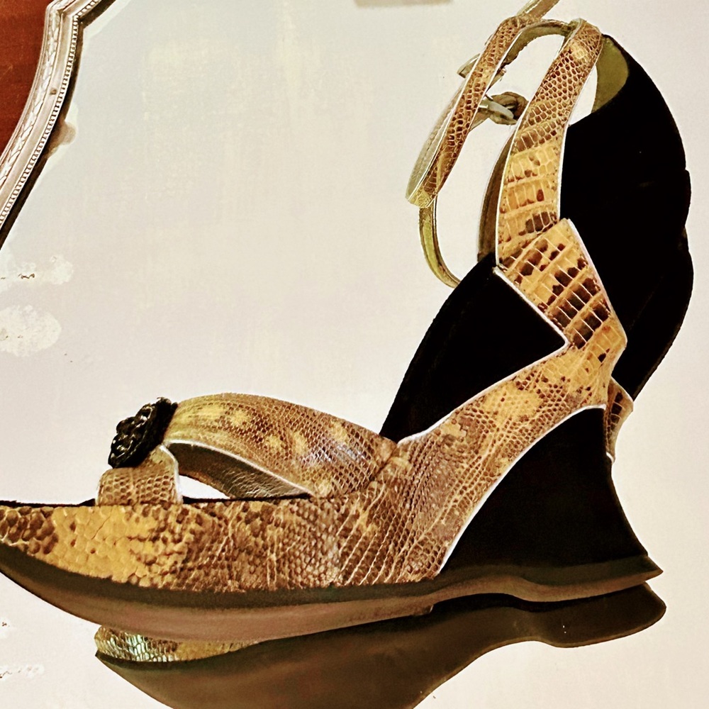 Prada Vintage Snakeskin and Black Suede Platform Sandals with Ankle-Strap